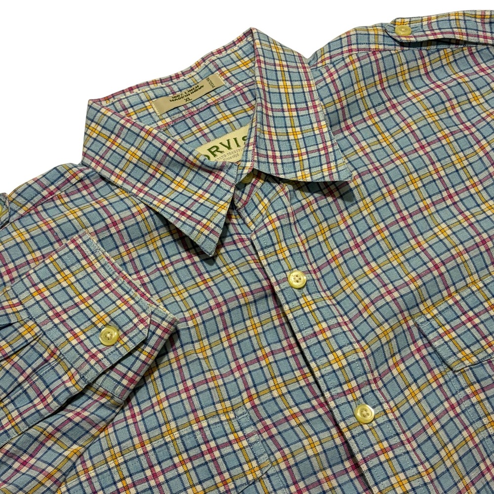 Orvis Mens XL Linen‎ Safari Shirt Blue Plaid Long Sleeve Epaulets Button Down